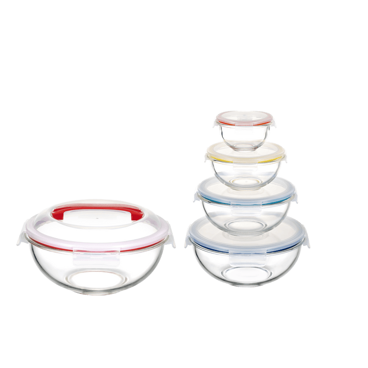 5 Container Nesting Borosilicate Glass Mixing Bowl Set With Locking Lids and Carry Handle