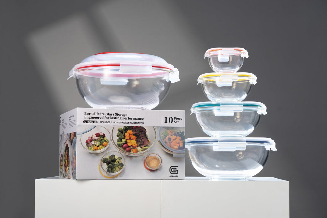 5 Container Nesting Borosilicate Glass Mixing Bowl Set With Locking Lids and Carry Handle