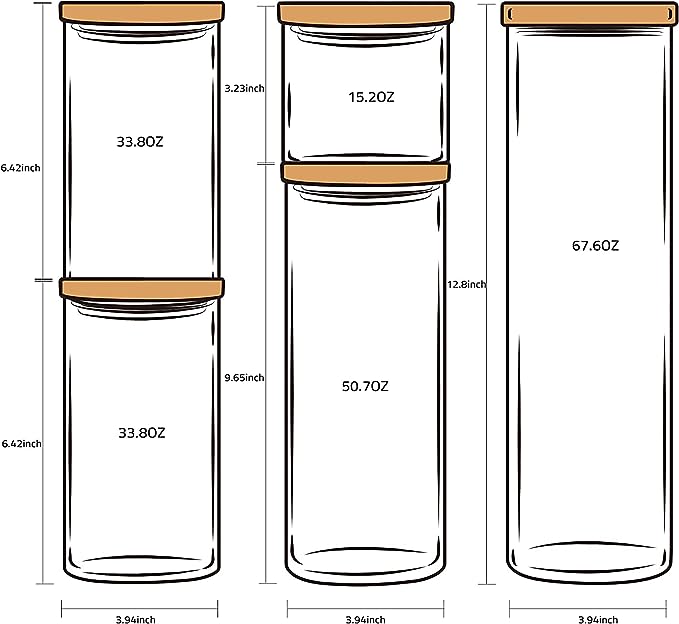 Genicook Borosilcate Glass Canister Set with Eco-Friendly, Cereal containers storage，Easy to Open Natural Bamboo Lids - 10 pc set (5 Glass Containers, 5 Bamboo Lids) Circular