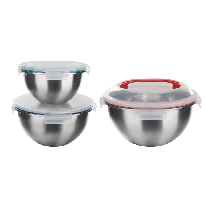 Genicook 3-Piece Stainless Steel Nesting Mixing Bowl Set with Snap-On Lids & Carry Handle