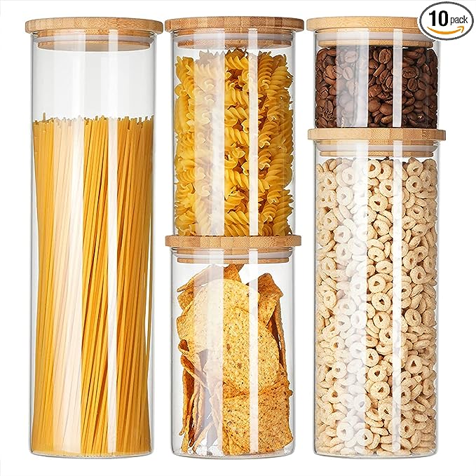 Genicook Borosilcate Glass Canister Set with Eco-Friendly, Cereal containers storage，Easy to Open Natural Bamboo Lids - 10 pc set (5 Glass Containers, 5 Bamboo Lids) Circular