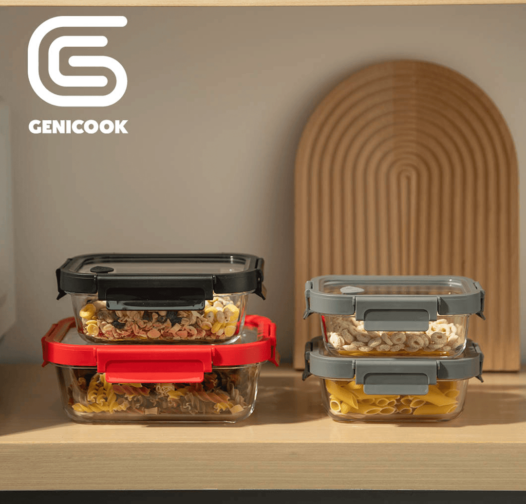 Genicook Borosilicate Tempered Glass Food Storage Containers with Pro Grade Locking Glass Lids, Rectangle Shape - 8 pc Set (4 Containers -4 Matching Lids)