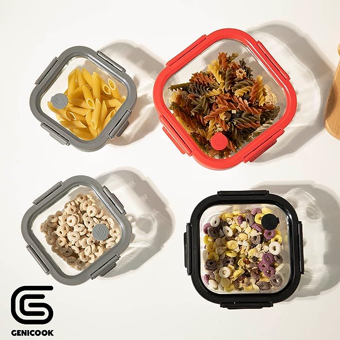 Genicook Borosilicate Tempered Glass Food Storage Containers with Pro Grade Locking Glass Lids, Vent and Removeable Lockdown Levers, Square Shape - 8 pc Set (4 Containers -4 Matching Lids)