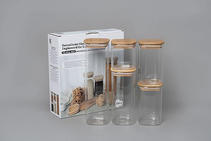 Genicook Glass Food Storage Jars,Spaghetti Pasta Storage Container,Borosilcate Glass Canister Set with Eco-Friendly Bamboo Lids for Noodles Flour Cereal Coffee Beans - 10 pc set