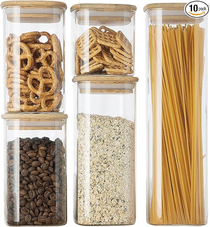 Genicook Glass Food Storage Jars,Spaghetti Pasta Storage Container,Borosilcate Glass Canister Set with Eco-Friendly Bamboo Lids for Noodles Flour Cereal Coffee Beans - 10 pc set