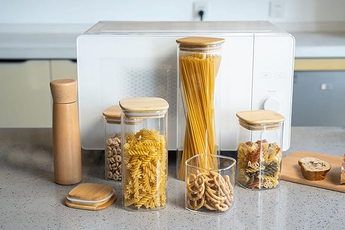 Genicook Glass Food Storage Jars,Spaghetti Pasta Storage Container,Borosilcate Glass Canister Set with Eco-Friendly Bamboo Lids for Noodles Flour Cereal Coffee Beans - 10 pc set