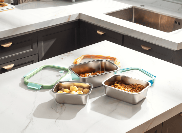 Genicook Mix & Match Stainless Steel Microwave Safe Container Set with Glass Lids