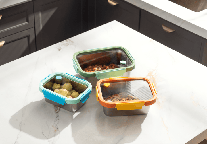 Genicook Mix & Match Stainless Steel Microwave Safe Container Set with Glass Lids