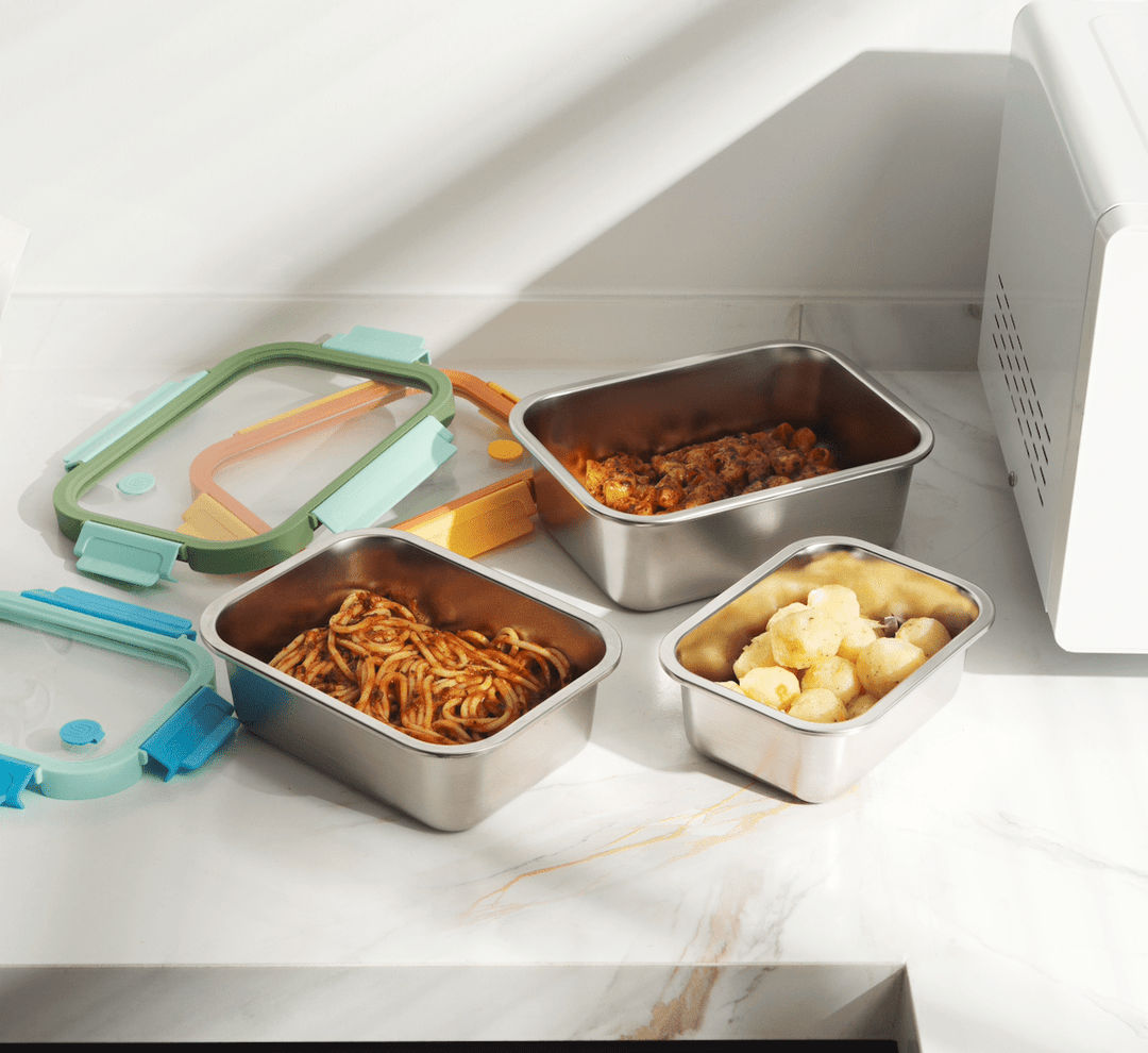 Genicook Mix & Match Stainless Steel Microwave Safe Container Set with Glass Lids